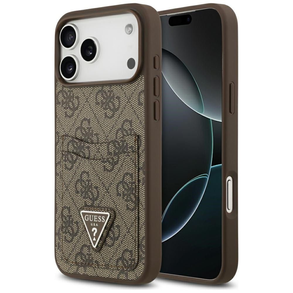 Hoes voor Apple iPhone 17 Pro Max, Guess, 4G Double Card Triangle, Bruin