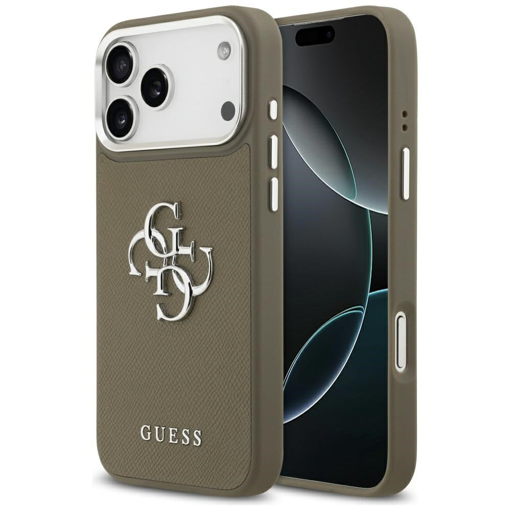 Hoes voor Apple iPhone 17 Pro Max, Guess, 4G Grained Big And Classic Logo, Bruin Zilver