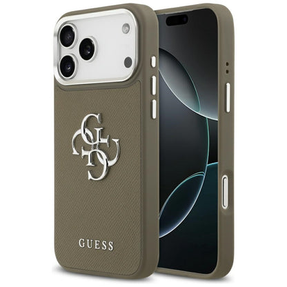 Hoes voor Apple iPhone 17 Pro Max, Guess, 4G Grained Big And Classic Logo, Bruin Zilver