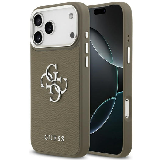 Hoes voor Apple iPhone 17 Pro Max, Guess, 4G Grained Big And Classic Logo, Bruin Zilver