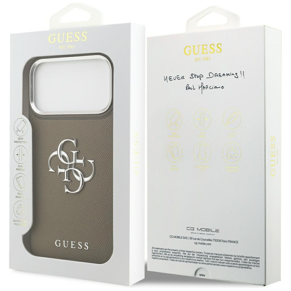 Hoes voor Apple iPhone 17 Pro Max, Guess, 4G Grained Big And Classic Logo, Bruin Zilver