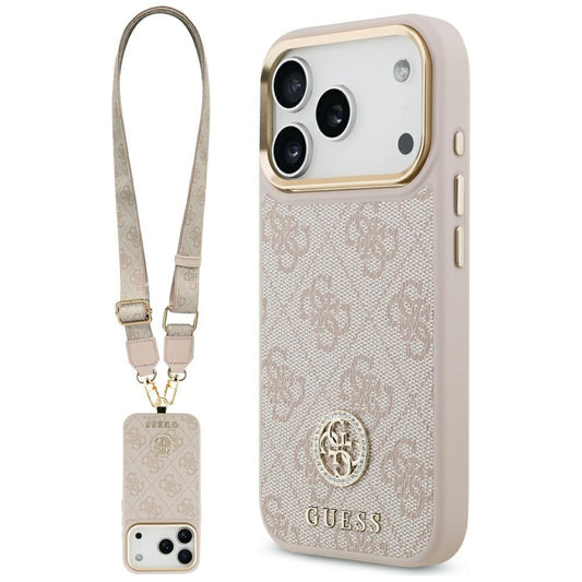 Hoes voor Apple iPhone 17 Pro Max, Guess, 4G Strass Logo en Grote Band, Roze