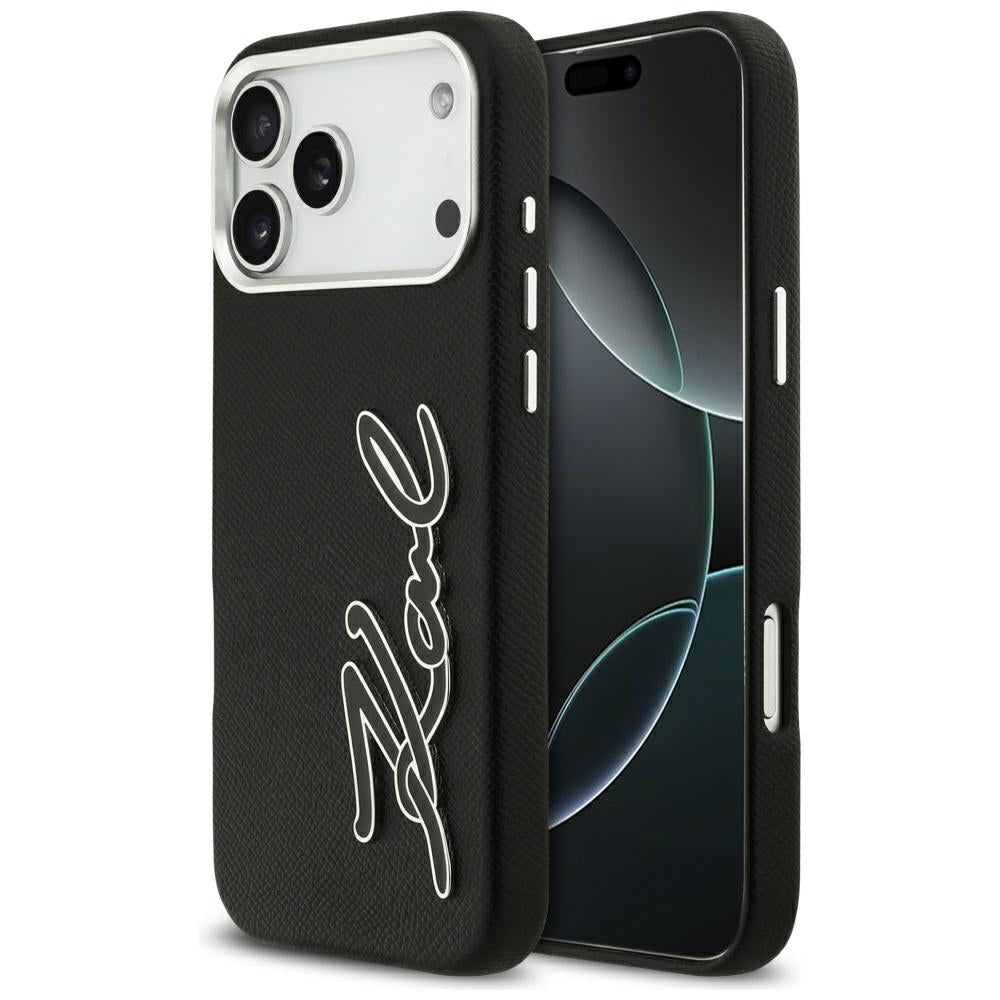 Hoes voor Apple iPhone 17 Pro Max, Karl Lagerfeld, FW Grained Signature Logo, Zwart