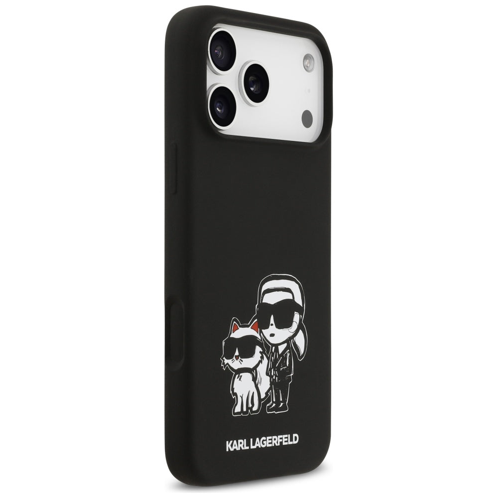 Hoes voor Apple iPhone 17 Pro Max, Karl Lagerfeld, Sketch en Logo Karl & Choupette, Zwart