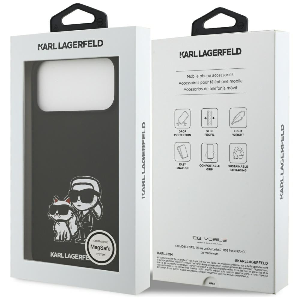 Hoes voor Apple iPhone 17 Pro Max, Karl Lagerfeld, Sketch en Logo Karl & Choupette, Zwart