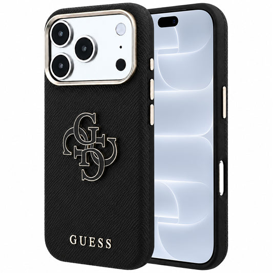 Hoes voor Apple iPhone 18 Pro / 17 Pro, Guess, Gegranuleerd Groot Resin Logo, Zwart