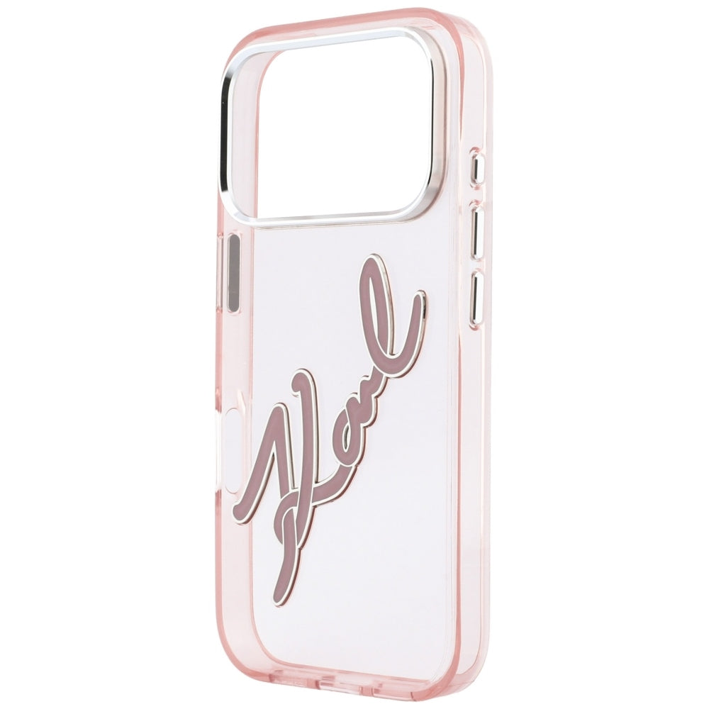 Hoesje voor Apple iPhone 18 Pro / 17 Pro, Karl Lagerfeld, IML Big Signature Resin Logo en Metalen Frame, Roze