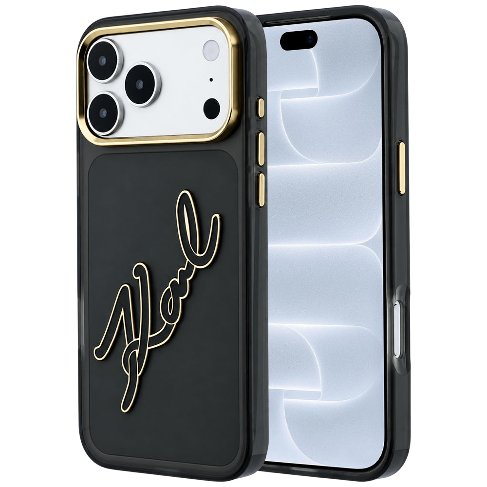 Hoes voor Apple iPhone 18 Pro / 17 Pro, Karl Lagerfeld, IML Big Signature Resin Logo en Metalen Frame, Zwart