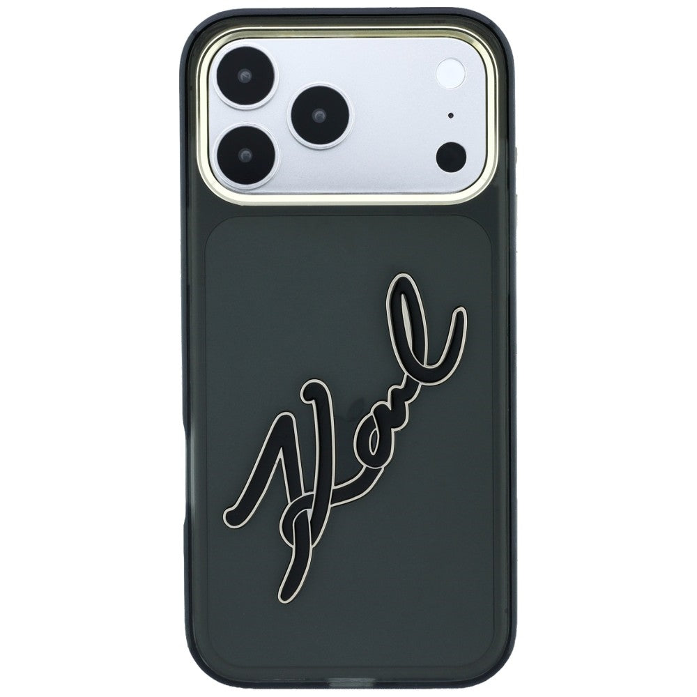 Hoes voor Apple iPhone 18 Pro / 17 Pro, Karl Lagerfeld, IML Big Signature Resin Logo en Metalen Frame, Zwart