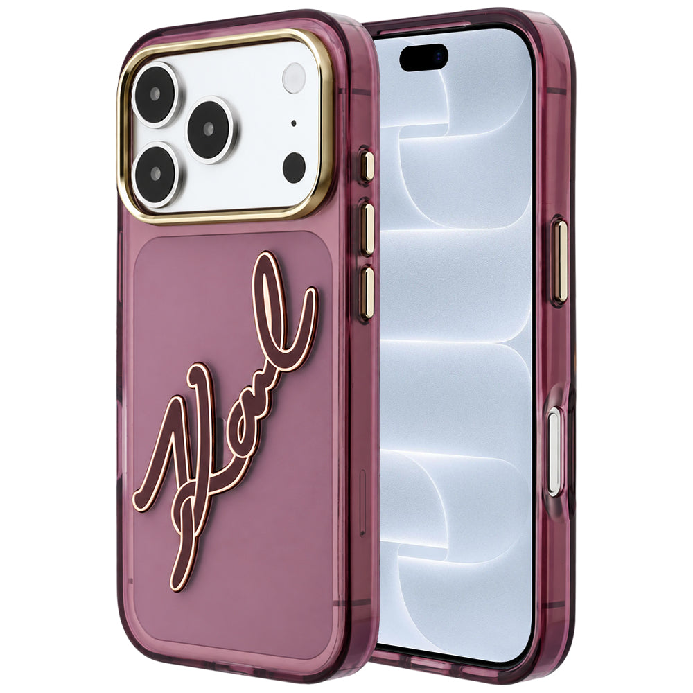 Hoesje voor Apple iPhone 18 Pro / 17 Pro, Karl Lagerfeld, IML Big Signature Resin Logo en Metalen Frame, Wijnrood