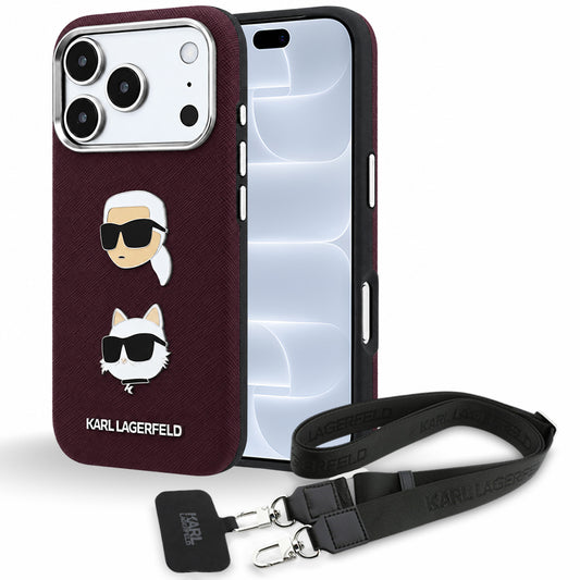 Hoesje voor Apple iPhone 18 Pro / 17 Pro, Karl Lagerfeld, Saffiano Crossbody Karl & Choupette Head's Pins Logo, bordeauxrood