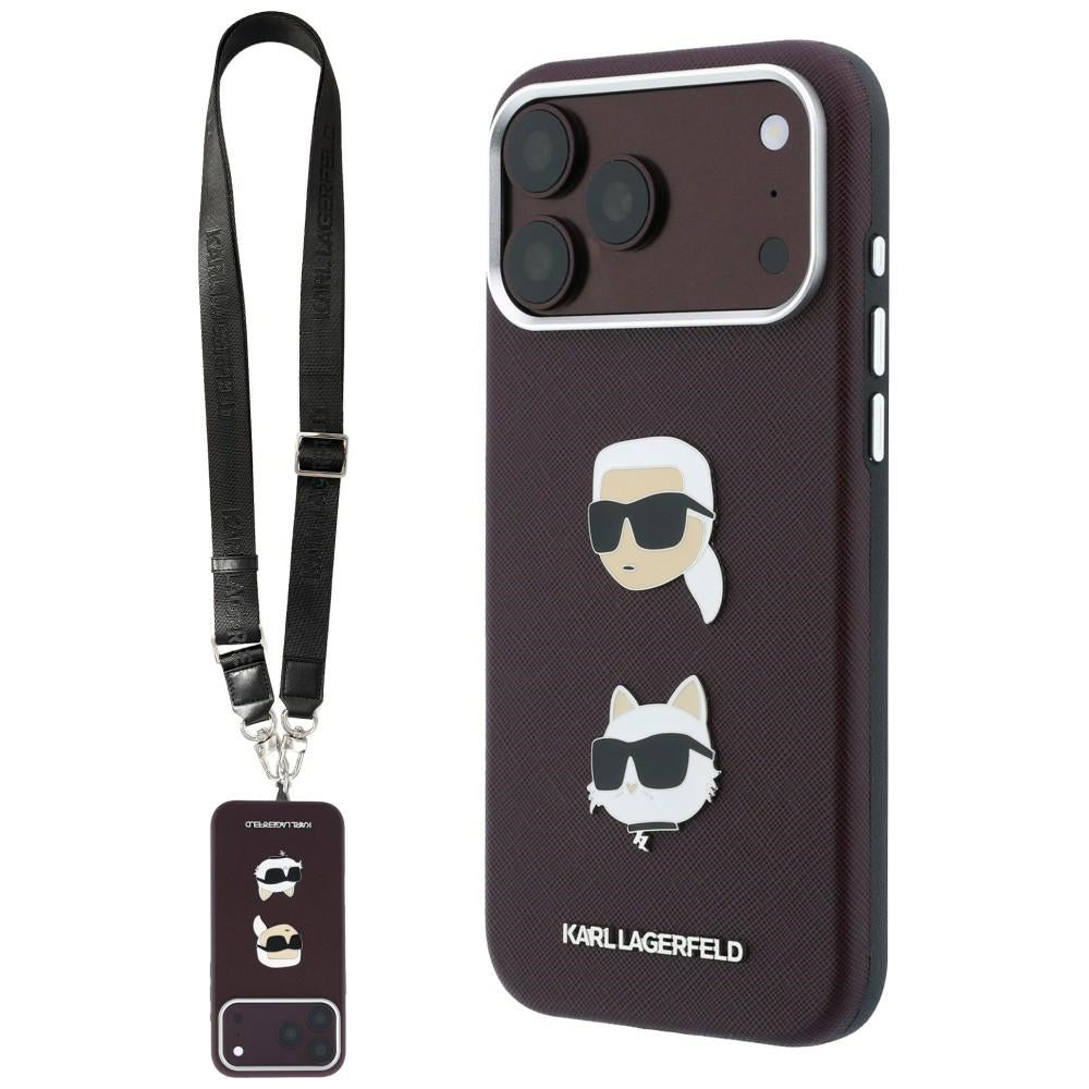 Hoesje voor Apple iPhone 18 Pro / 17 Pro, Karl Lagerfeld, Saffiano Crossbody Karl & Choupette Head's Pins Logo, bordeauxrood