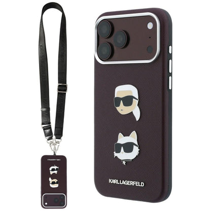 Hoesje voor Apple iPhone 18 Pro / 17 Pro, Karl Lagerfeld, Saffiano Crossbody Karl & Choupette Head's Pins Logo, bordeauxrood