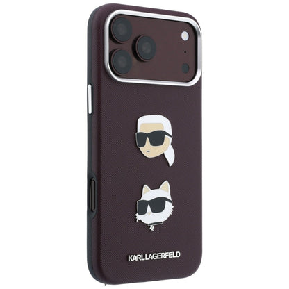 Hoesje voor Apple iPhone 18 Pro / 17 Pro, Karl Lagerfeld, Saffiano Crossbody Karl & Choupette Head's Pins Logo, bordeauxrood