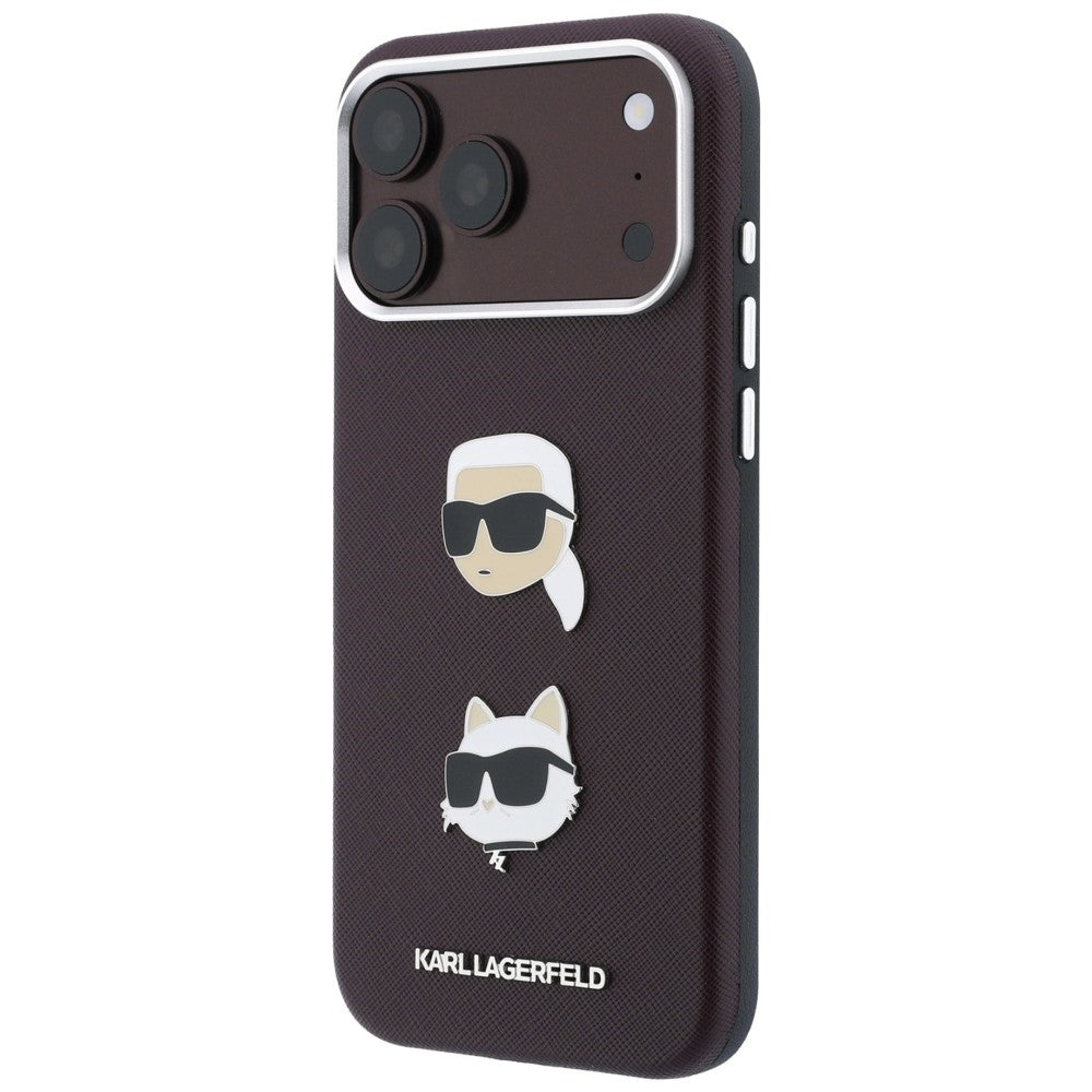 Hoesje voor Apple iPhone 18 Pro / 17 Pro, Karl Lagerfeld, Saffiano Crossbody Karl & Choupette Head's Pins Logo, bordeauxrood