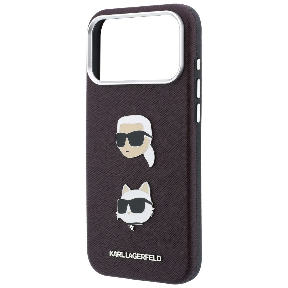 Hoesje voor Apple iPhone 18 Pro / 17 Pro, Karl Lagerfeld, Saffiano Crossbody Karl & Choupette Head's Pins Logo, bordeauxrood
