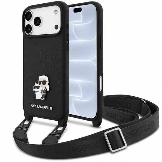 Hoesje voor Apple iPhone 18 Pro / 17 Pro, Karl Lagerfeld, Saffiano Crossbody Metal Pin Karl & Choupette, zwart