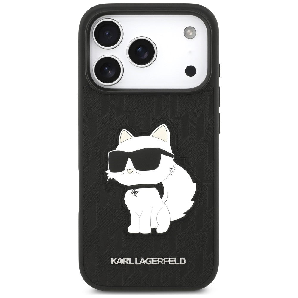 Hoesje voor Apple iPhone 18 Pro / 17 Pro, Karl Lagerfeld, Saffiano Mono Patch Choupette, zwart