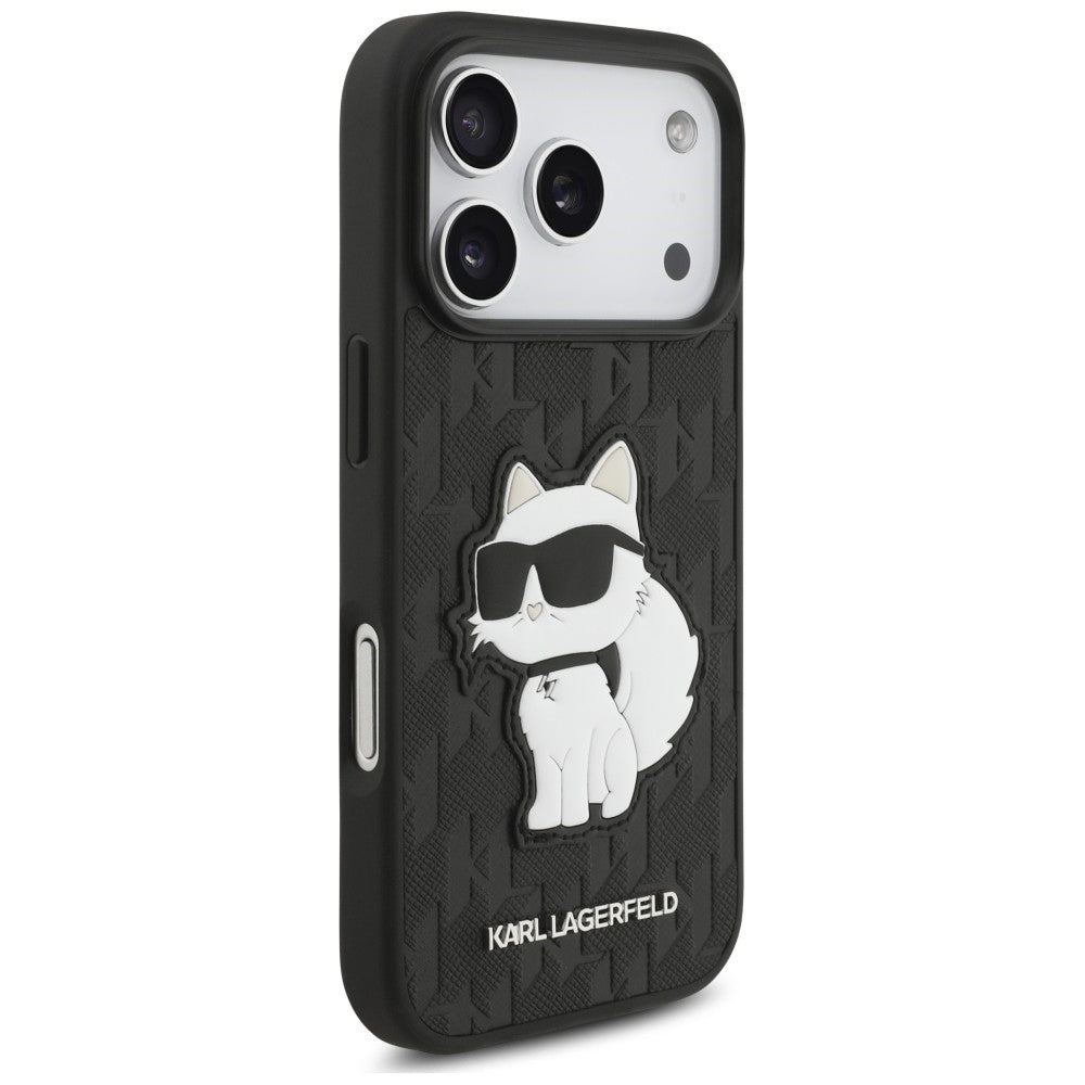 Hoesje voor Apple iPhone 18 Pro / 17 Pro, Karl Lagerfeld, Saffiano Mono Patch Choupette, zwart