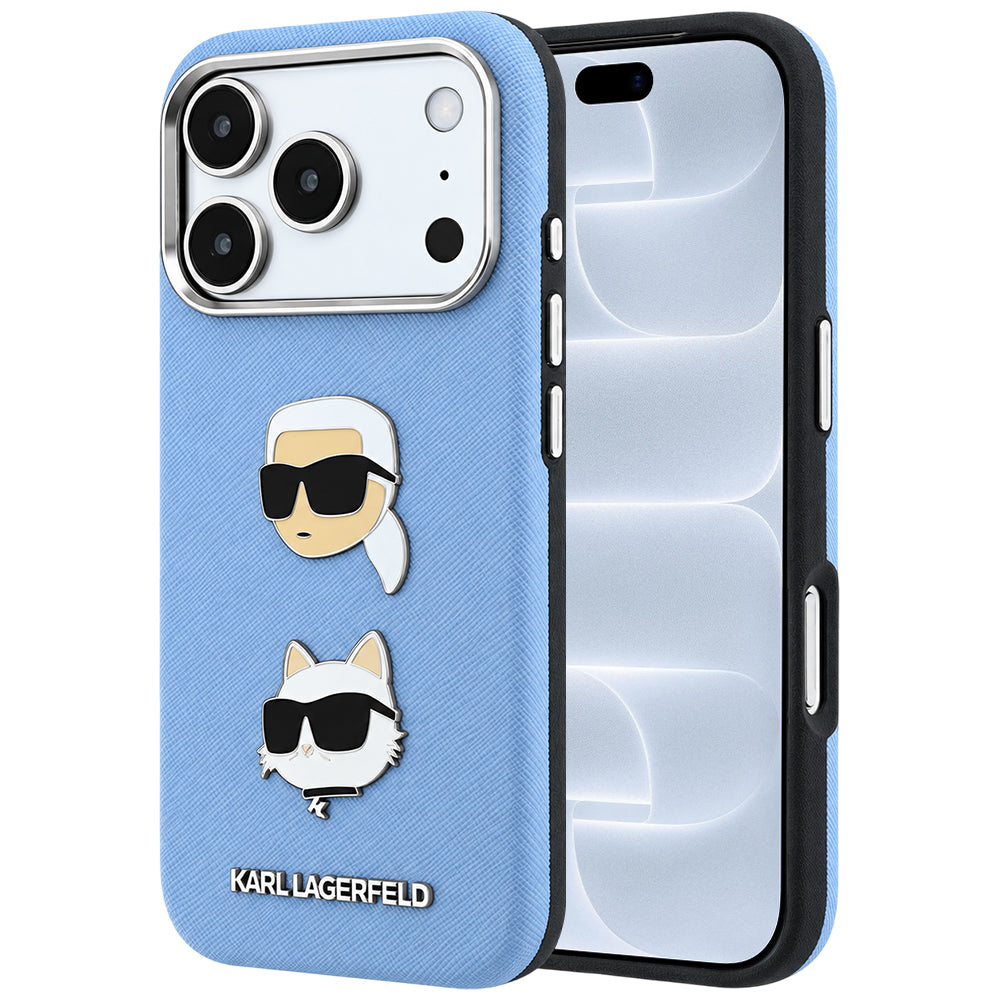 Hoesje voor Apple iPhone 18 Pro / 17 Pro, Karl Lagerfeld, Saffiano met Karl & Choupette Head's Pin en logo, blauw