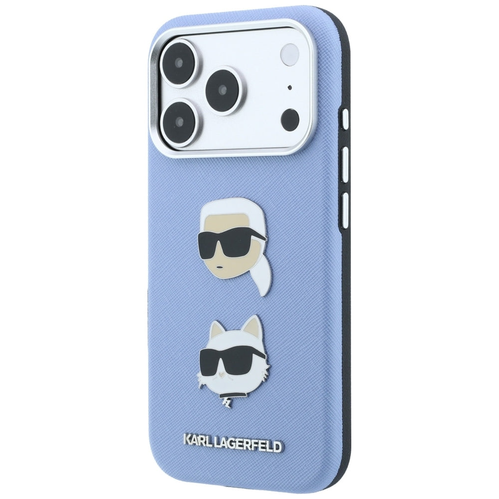 Hoesje voor Apple iPhone 18 Pro / 17 Pro, Karl Lagerfeld, Saffiano met Karl & Choupette Head's Pin en logo, blauw