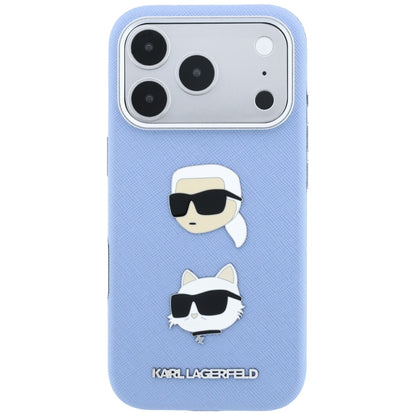 Hoesje voor Apple iPhone 18 Pro / 17 Pro, Karl Lagerfeld, Saffiano met Karl & Choupette Head's Pin en logo, blauw