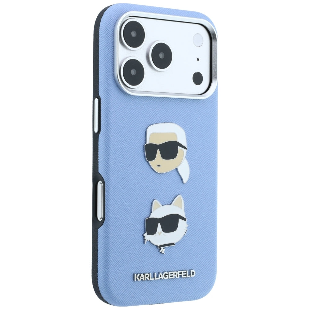 Hoesje voor Apple iPhone 18 Pro / 17 Pro, Karl Lagerfeld, Saffiano met Karl & Choupette Head's Pin en logo, blauw