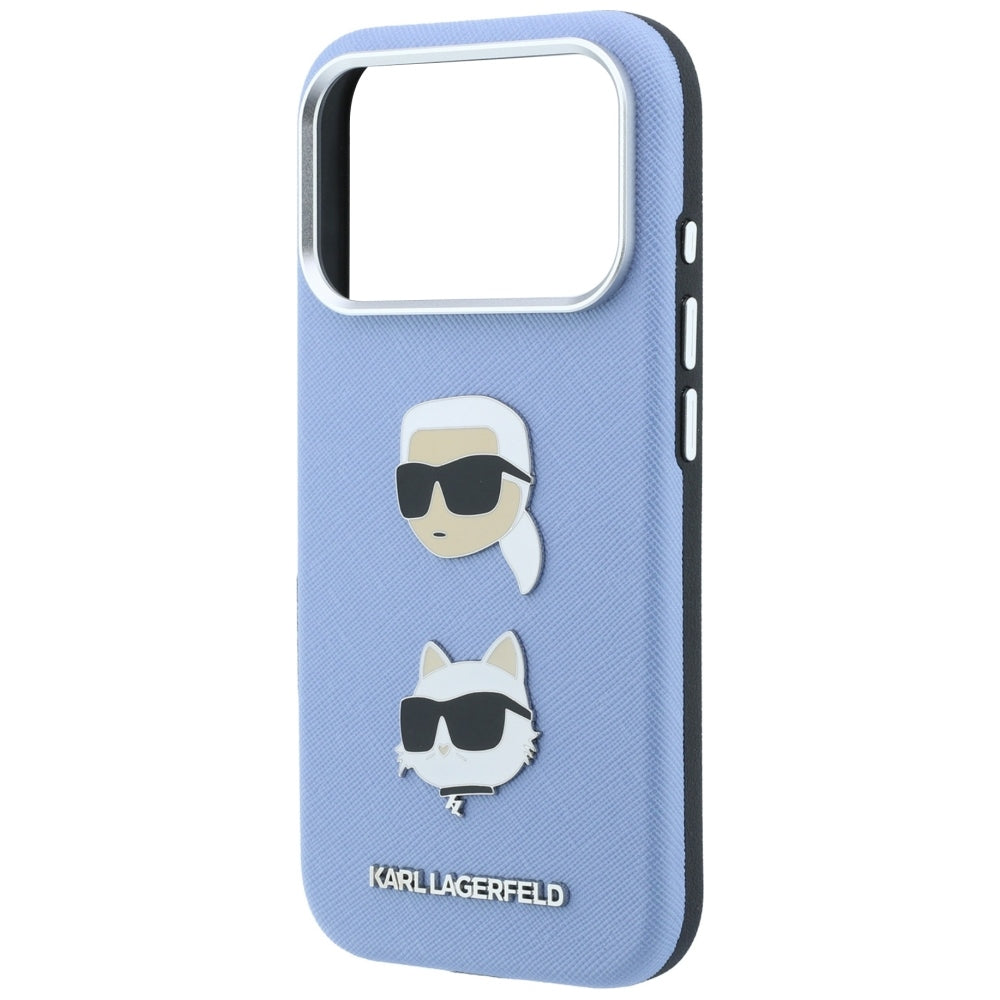 Hoesje voor Apple iPhone 18 Pro / 17 Pro, Karl Lagerfeld, Saffiano met Karl & Choupette Head's Pin en logo, blauw