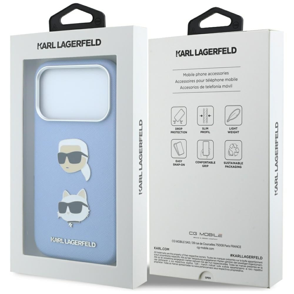 Hoesje voor Apple iPhone 18 Pro / 17 Pro, Karl Lagerfeld, Saffiano met Karl & Choupette Head's Pin en logo, blauw