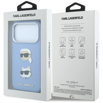 Hoesje voor Apple iPhone 18 Pro / 17 Pro, Karl Lagerfeld, Saffiano met Karl & Choupette Head's Pin en logo, blauw
