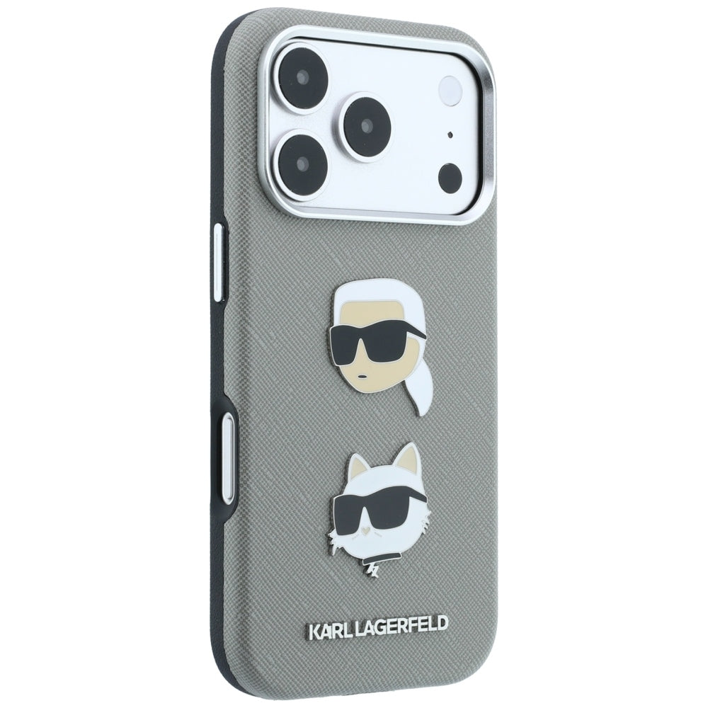 Hoesje voor Apple iPhone 18 Pro / 17 Pro, Karl Lagerfeld, Saffiano met Karl & Choupette Head's Pin en logo, grijs