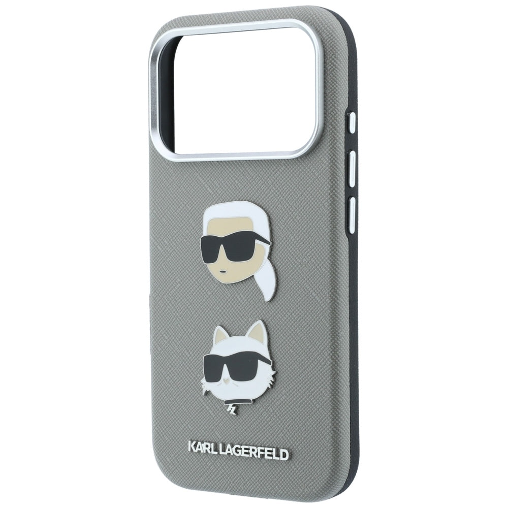 Hoesje voor Apple iPhone 18 Pro / 17 Pro, Karl Lagerfeld, Saffiano met Karl & Choupette Head's Pin en logo, grijs