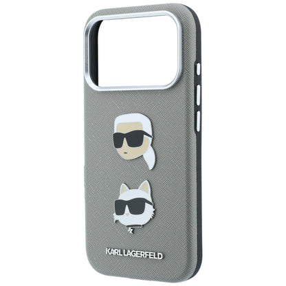 Hoesje voor Apple iPhone 18 Pro / 17 Pro, Karl Lagerfeld, Saffiano met Karl & Choupette Head's Pin en logo, grijs