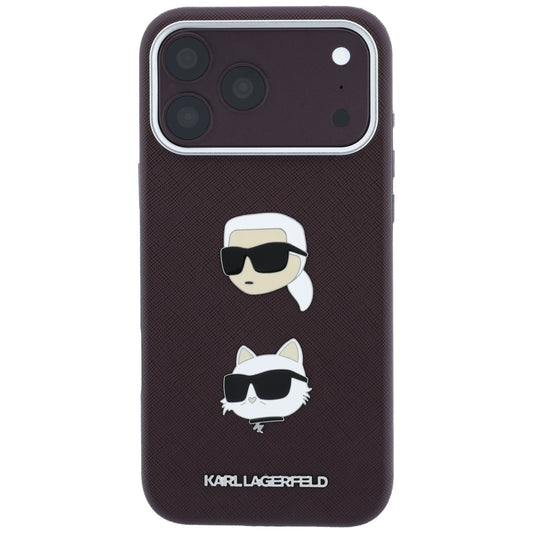 Hoes voor Apple iPhone 18 Pro / 17 Pro, Karl Lagerfeld, Saffiano met Karl & Choupette Head's Pin en Logo, Bordeauxrood