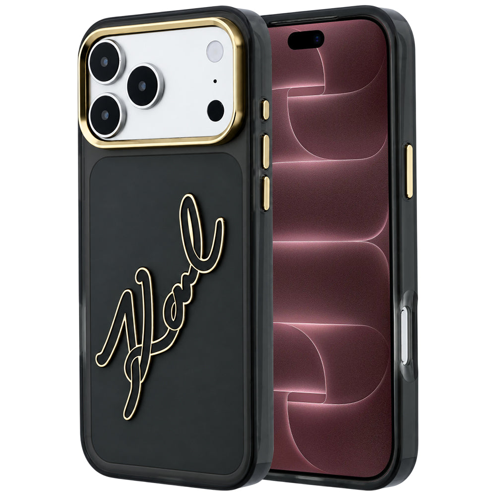 Hoes voor Apple iPhone 18 Pro Max / 17 Pro Max, Karl Lagerfeld, IML Big Signature Resin Logo Metal Frame, Zwart