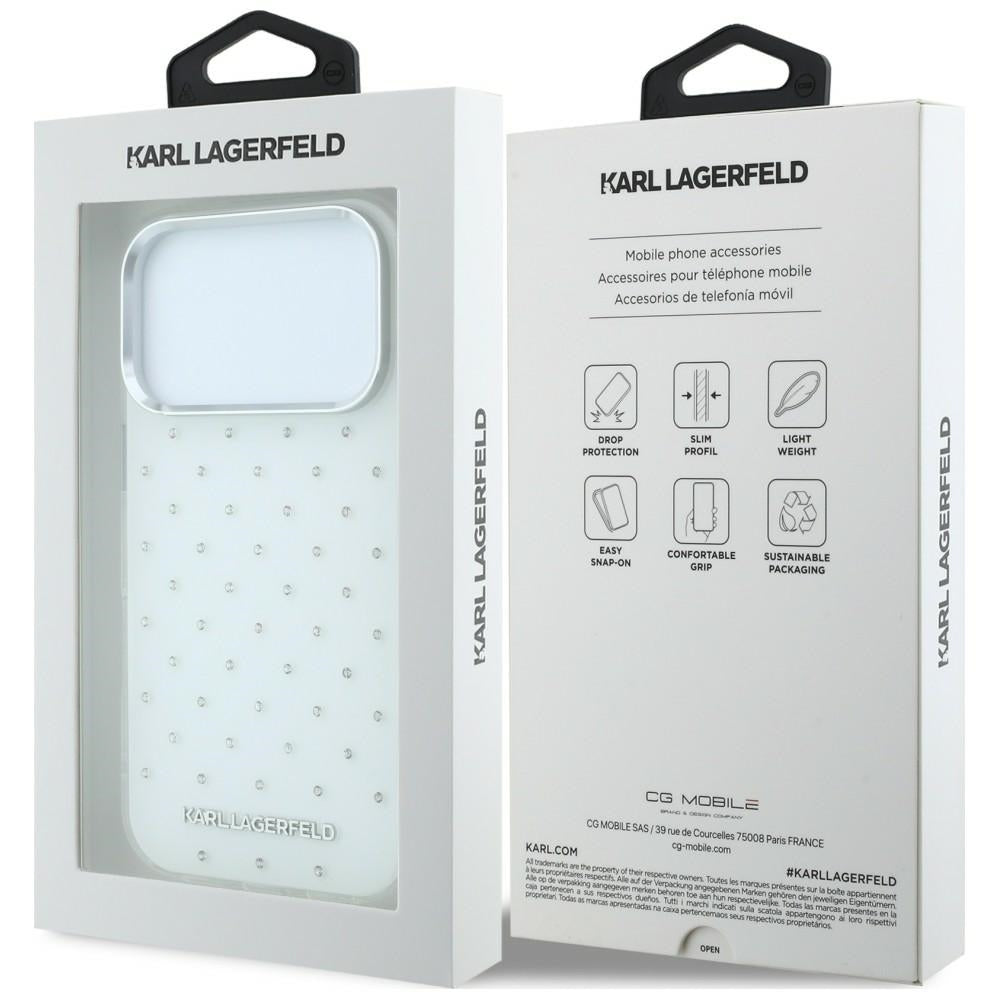 Hoes voor Apple iPhone 18 Pro Max / 17 Pro Max, Karl Lagerfeld, IML Strass-steentjes en Verchroomd Logo, Wit