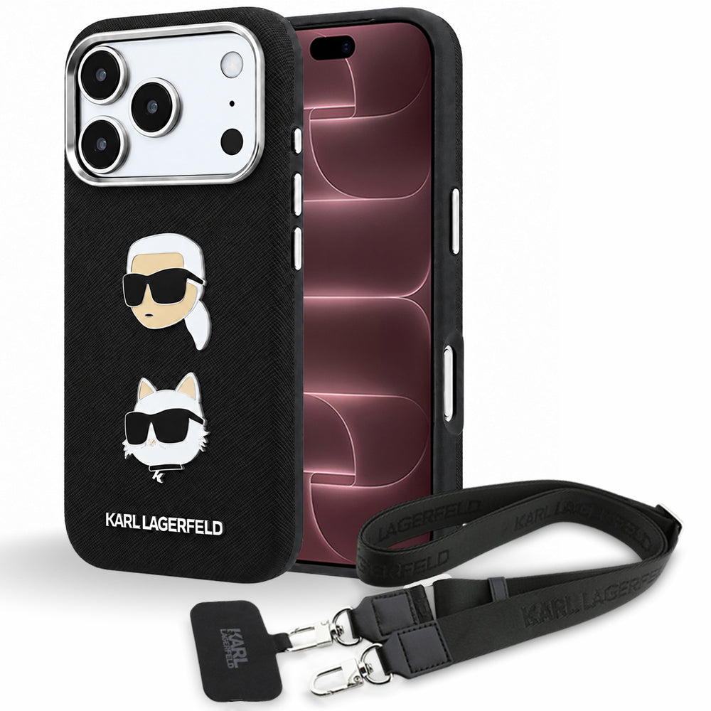 Hoesje voor Apple iPhone 18 Pro Max / 17 Pro Max, Karl Lagerfeld, Saffiano Crossbody Karl & Choupette Head's Pins Logo, zwart