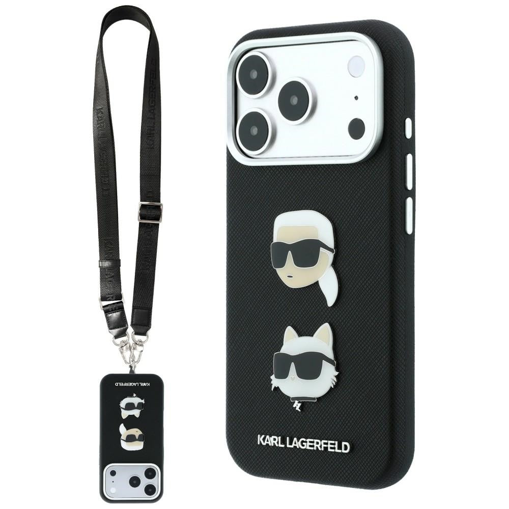 Hoesje voor Apple iPhone 18 Pro Max / 17 Pro Max, Karl Lagerfeld, Saffiano Crossbody Karl & Choupette Head's Pins Logo, zwart