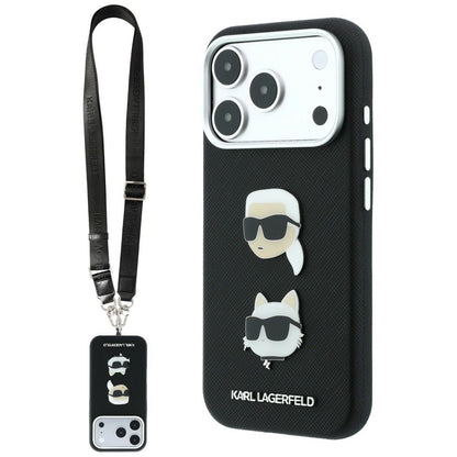 Hoesje voor Apple iPhone 18 Pro Max / 17 Pro Max, Karl Lagerfeld, Saffiano Crossbody Karl & Choupette Head's Pins Logo, zwart