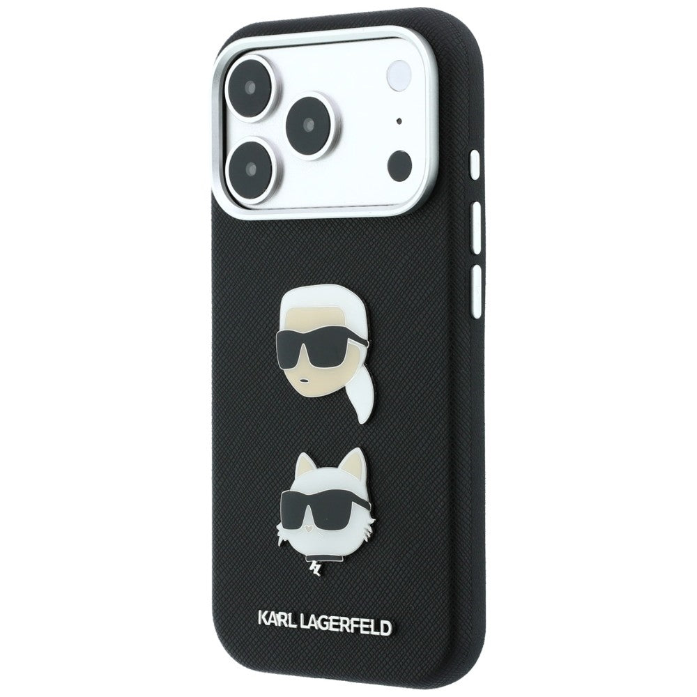 Hoesje voor Apple iPhone 18 Pro Max / 17 Pro Max, Karl Lagerfeld, Saffiano Crossbody Karl & Choupette Head's Pins Logo, zwart