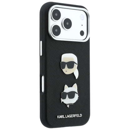 Hoesje voor Apple iPhone 18 Pro Max / 17 Pro Max, Karl Lagerfeld, Saffiano Crossbody Karl & Choupette Head's Pins Logo, zwart