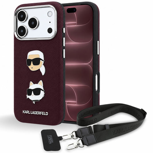 Hoesje voor Apple iPhone 18 Pro Max / 17 Pro Max, Karl Lagerfeld, Saffiano Crossbody Karl & Choupette Head's Pins Logo, bordeauxrood