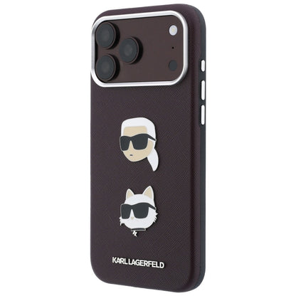 Case for Apple iPhone 18 Pro Max / 17 Pro Max, Karl Lagerfeld, Saffiano Crossbody Karl & Choupette Head's Pins Logo, Burgundy
