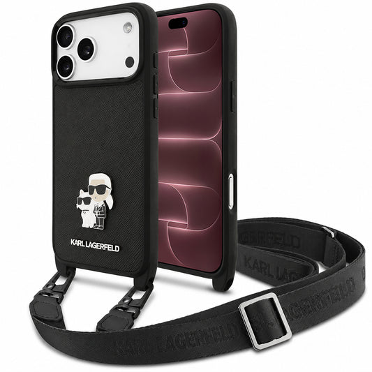 Hoesje voor Apple iPhone 18 Pro Max / 17 Pro Max, Karl Lagerfeld, Saffiano Crossbody Metal Pin Karl & Choupette, zwart