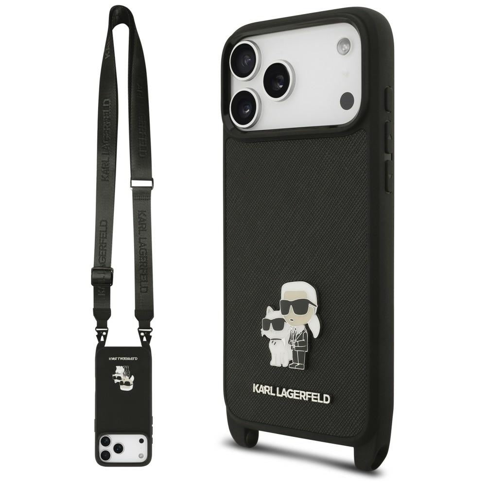 Hoesje voor Apple iPhone 18 Pro Max / 17 Pro Max, Karl Lagerfeld, Saffiano Crossbody Metal Pin Karl & Choupette, zwart