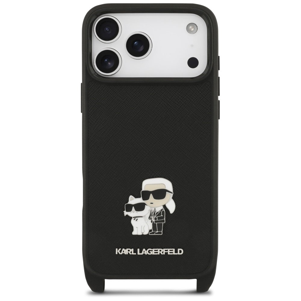 Hoesje voor Apple iPhone 18 Pro Max / 17 Pro Max, Karl Lagerfeld, Saffiano Crossbody Metal Pin Karl & Choupette, zwart