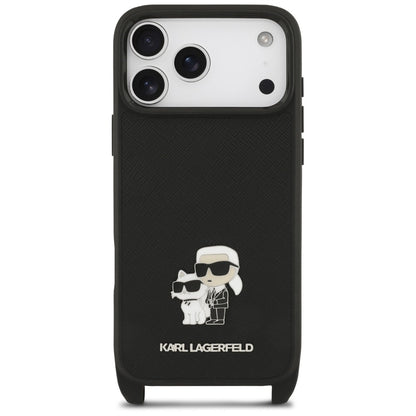 Hoesje voor Apple iPhone 18 Pro Max / 17 Pro Max, Karl Lagerfeld, Saffiano Crossbody Metal Pin Karl & Choupette, zwart