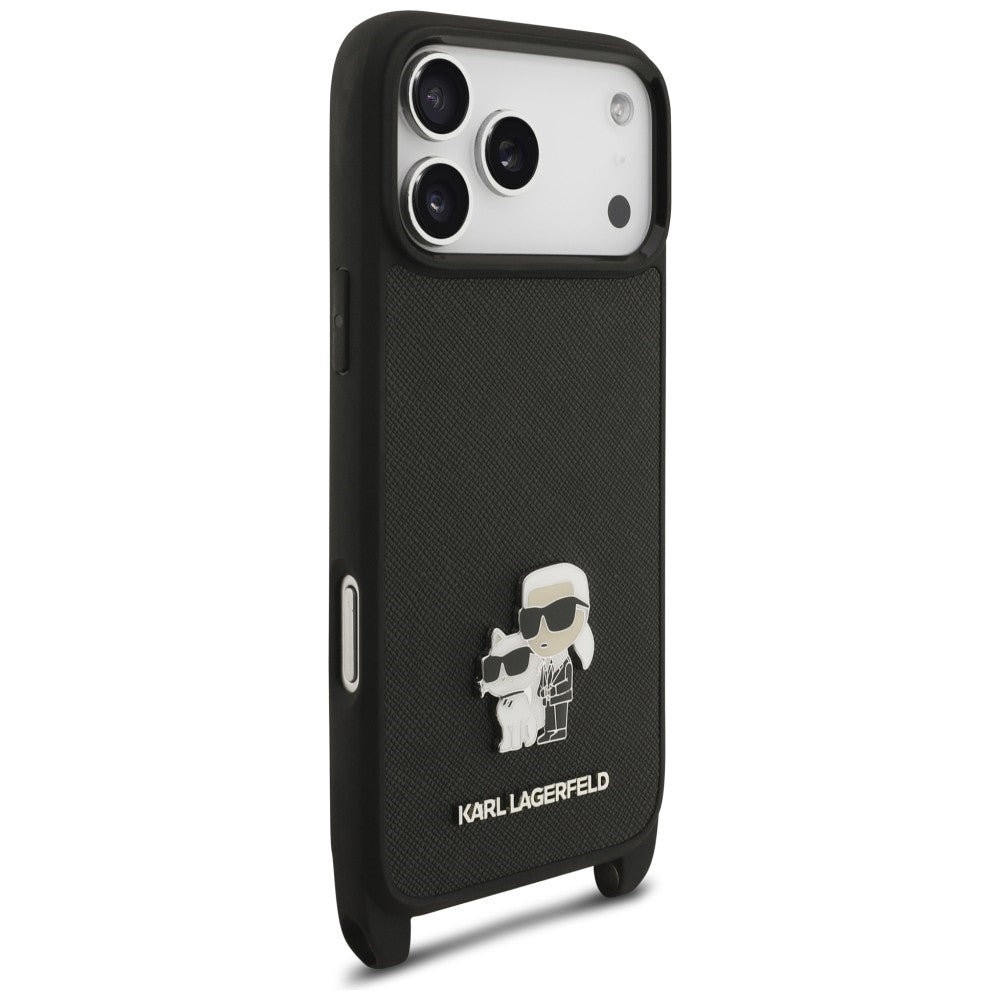 Hoesje voor Apple iPhone 18 Pro Max / 17 Pro Max, Karl Lagerfeld, Saffiano Crossbody Metal Pin Karl & Choupette, zwart