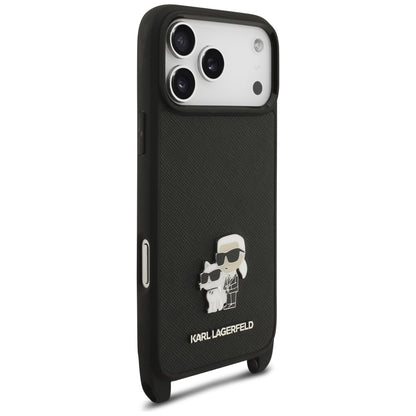 Hoesje voor Apple iPhone 18 Pro Max / 17 Pro Max, Karl Lagerfeld, Saffiano Crossbody Metal Pin Karl & Choupette, zwart