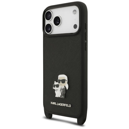 Hoesje voor Apple iPhone 18 Pro Max / 17 Pro Max, Karl Lagerfeld, Saffiano Crossbody Metal Pin Karl & Choupette, zwart